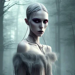 ethereal, gothic makeup, female monk, dark forest, shaved head, full-body