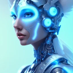 A beautiful portrait of a cute cyborg woman blue color scheme, high key lighting, volumetric light high details with white stripes and feathers and indian paterns and wimgs