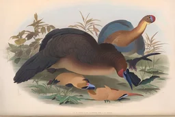 John James Audubon-like illustration of a fully uncropped Dodo bird and a Platypus in a chinoiserie landscape of warm yellows, warm reds, and warm blues