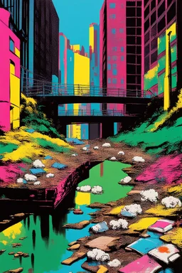 painting of a cyberpunk colourful natural walkway rubbish on the street in the city with pollution and a small bridge by a creek with electric sheep and androids by andy warhol