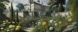 A garden filled with flowers near a gray castle painted by Leonardo da Vinci