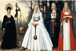 the Slavic goddess girl youthful Zorya Utrennyaya (Dawn/Morning), the Slavic goddess woman 30 years old Zorya Vechernyaya (Twilight/Evening), the Slavic goddess granny old Zorya Polunochnaya (Midnight), and the Slavic god Czernobog (terrible evil hammer) : illustration by Norman Rockwell and Helmut Newton for American Gods (2021), they stand in the slavic realm