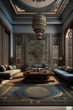 Interior living room, Islamic patterns, highly detailed,arabesques, Arabic ornaments, fantastical,hyper realistic, Arabic Patterns , Arabic calligraphy
