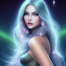 beautiful woman with long hair and smile look the stars and northern aurora blue turquoise lights, blue, pink,