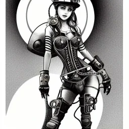 great illustrator, spanish, pencil sketch of a cute girl, beautiful, steampunk syle, black and white. Helmet with tubes. Machinery in the background. High details.