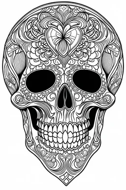 A Coloring book page, black and white, skull. The outlines should be simple and suitable for younger colorists, photo real