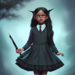 Jenna ortega as wednesday with black school uniform, seifuku, pleated dress, overknee socks, painted by artgerm and tom bagshaw, fantasy art, dramatic lighting, highly detailed oil painting, volumetric lighting