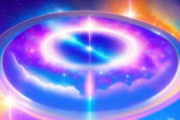 a cosmic beautiful flying saucer made of crystals and light is flyng INA MAGIC BRIGHT SKY OF A GALAXY. IT IS PASSED BY A VERTICAL SHINE FROM TOP TO BOTTOM. IT'S FLYNG ON A FAIRY Landscape
