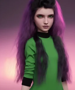 purple haired human girl with bright green eyes wearing black dress