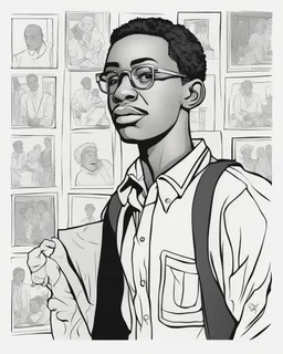 coloring page for teens, simple outlines art, cartoon style, outline drawing, bold outlines, clean and clear outlines, no tones color, no color, no detailed art, art full view, wide angle, white background, GORDON PARKS, African-American photographer and director.