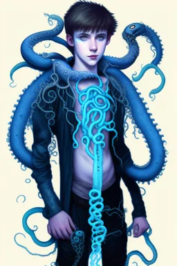 16 year old boy warlock with milky blue eyes, and lamprey tentacle growing out of his belly. in the style of HR Giger