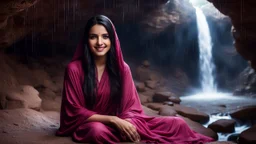 Hyper Realistic Photographic Outside View Of A Gorgeous Pashto Girl (Wearing Simple Burgundy Colored Dress & Wearing Plain Pink Dupatta On Her Neck) Sitting & Giving A Little Smile In A Cave & Showing Her Long Black Hair With Waterfall View Outside, With Heavy Rain Outside Cave At Dark Night Showing Dramatic & Cinematic Ambiance.