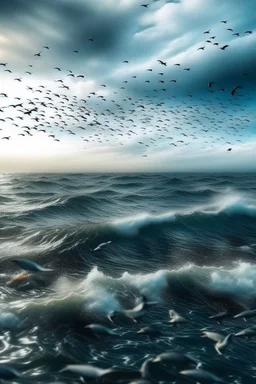 sea with sky and alot of birds , fish in the sea