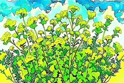 bottom half canola plants detailed, top half sky, watercolor illustration