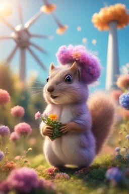 plexi glass tower, portrait of a cute fluffy wolly squirrel with berret in a parachute holding weird flowers in the style of pixar, on a strange planet with weird colors and wind turbines, bokeh like f/0.8, tilt-shift lens 8k, high detail, smooth render, down-light, unreal engine, prize winning