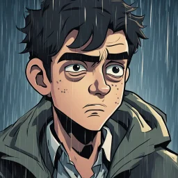 a closeup of a disgusted young man in a heavy coat during a rainstorm cartoon