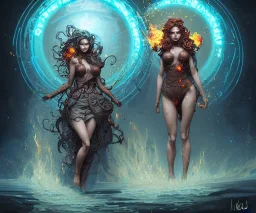 Four doll divine representing each one the four elements: Fire: Earth: Air: Water. Mark Brooks and Dan Mumford, comic book art, perfect, smooth elemental galactic space core. Detailed photograph, WLOP, Unreal Engine 5 volumetric lighting Insanely intricate face hair lashes hyper detailed painting by Ismail Inceoglu Huang Guangjian and Dan Witz Central fantasy art album cover art resolution HD