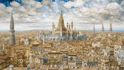 A white cloudy city designed in ancient Roman mosaics painted by Antoni Gaudi