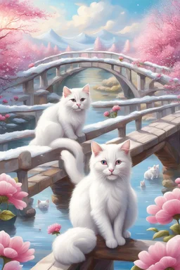 in the center: beautiful chunky white cats playing with mice on a bridge , background: landscape, first plan: pink flowers and a small river with blue water, sky: white clouds with more cats sitting on them, season: winter and snowfall