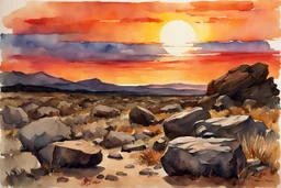 Sunset, rocks, mountains, rocky land, epic, winslow homer watercolor paintings