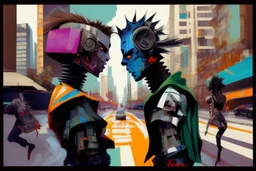 whimsical arafed nonsense, patchwork vibe, (((side view))) two arafed cyberlords fighting each other in a rainy whimsical downtown street with extreme body action and with (((exaggerated body parts))), (((oversize head))), sharp color contrasts, amazing shadows, (((exaggerated limbs and head))), minimal cozy, warm palette, bright bold warm summer colors with yellow orange black colors, color leak, heavily distorted views, amazing parallels, extreme urban decay