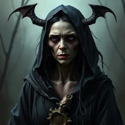 The demon witch, Lorissa Nightshade, appears—a gaunt, pale woman with hollowed out eyes and wearing tattered and torn robes. Grimdark realistic