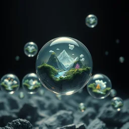 Award-winning Collector-grade digital scene of floating glass-like miniature worlds suspended in dark space, each containing surreal landscapes and glowing ecosystems, macro-to-cosmic scale contrast, ultra precise reflections and refractions, high-end conceptual art style, 64k
