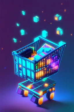 voxel shopping cart in game asset house anime cyberpunk style starry background