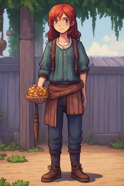 a young beggar girl who is ready to betray a man for money, stardew, valley style