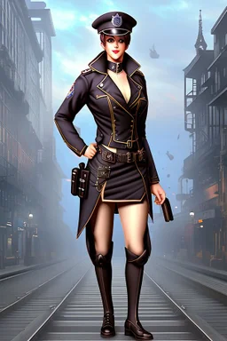 full body picture of a UK policewoman, steampunk city background