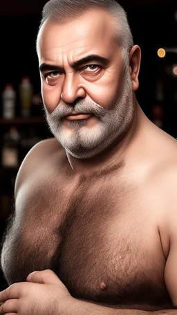 full figure photography of a turkish barman serving coffee, 62 years old, strong chubby man , bearded, in vest, shaved hairs, tattoo, serious eyes, photorealistic, Canon EOS, hyper-realistic, very detailed, emotive eyes, natural colours, sunlight