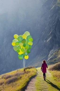 A beautiful girl walking along a mountain path, walking against the wind with balloons in her hand. nature, HD photography, Galen Rowell, David Muench, perfect composition, gloss, hyperrealism