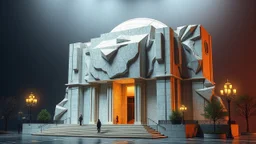 modernist style, A large, autonomous icon made of intricate tectonic materials, emphasizing its mass and structural depth. The surface texture should display varying levels of 'noise', reminiscent of pixel detail, blending harmoniously with the surrounding environment to evoke multiple atmospheres., art nouveau, soft colors, studio lighting, copy background, professional grading, advertising