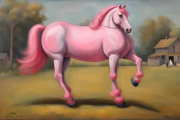 Big pink toy horse.19th painting