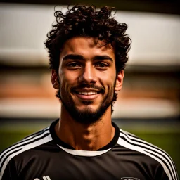 85mm DSLR color photography of a very detailed headshot fitting all of head and hair in frame. 23-year-old English soccer player, with black hair color and with facial hair and has a brown light skin tone with a small smile, grey background