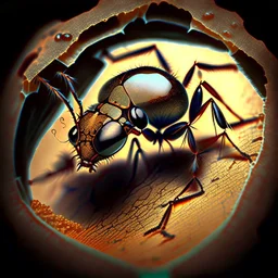 an ant under magnification, old school, paiting