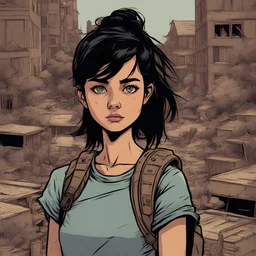 Portrait, teen girl character with black hair, t-shirt comic book illustration looking straight ahead, post apocalypse