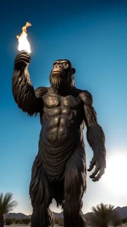 A statue of an ape in the desert , raised his hand holding a torch and looking up to the sky