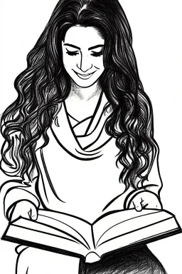 Pencil sketch of Young woman, Arab features, long wavy hair, reading a book, full body، on lined paper