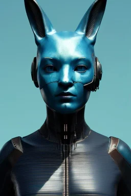 Medium Close Up Portrait, Front image. cyberpunk, rabbit mask, Italian woman, cyan short hair. latex, carbon suit. Cyan, black, blue, color. Anime style. Color background, photo studio. Avatar image, highly detailed, concept art, smooth, unreal engine 5, god rays, ray tracing, RTX, lumen lighting, ultra detail, volumetric lighting, 3d, finely drawn, high definition, high resolution.