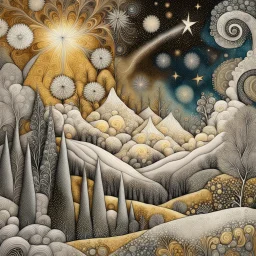 Vibrant, whimsical Mandelbrot fractal, winterly Tuscany landscape with frosted cypress trees, mountains, one single shooting star between clouds of silver and gold, richly textured acrylic ink and charcoal line art, in a zentangle style mix, blending Amanda Clark's fantastical elements and Catrin Welz-Stein's intricate details with Eyvind Earle's subtle earth tones and Georges Braque's bold geometri