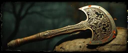 ornate axe , pinhole cam, airbrush 3d rendering, in the style of John Atkinson Grimshaw , torn edges on border