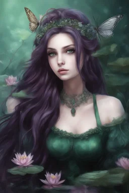 Dark green hair Water lilies long hair lotus night Fairy princess rapunzel hair queen crown dragonflies fireflies elven tiara flowers fairy wings gothic purple