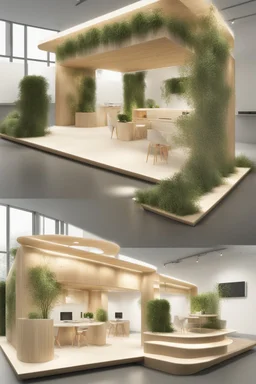 Corner exhibition stand in eco-style, with wood elements and greenery, with meeting areas