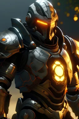 warforged knight wearing lion inspired armor with glowing chest and orange round eyes
