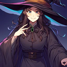 retro style, witch, witch hat, witch robe, expression smiling, portrait