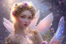 one very little beautiful fairy on a big crystal subtle flower in a galactic ambiance, transparent petals, delicate colors, in the foreground, full of details, smooth, bright sunshine，soft light atmosphere, light effect，vaporwave colorful, concept art, smooth, extremely sharp detail, finely tuned detail, ultra high definition, 8 k, unreal engine 5, ultra sharp focus