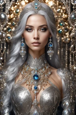 Fullbody photography ultra realistic portrait natural beauty of young woman, beautiful, shiny hard eyes, make up, shiny baubles, ornate, large gemstones, shiny molten metalics, shiny wire filigree, silver hair, high definition, high res,establishing shot