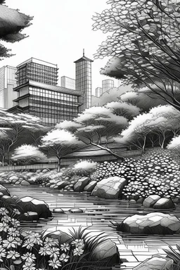 Tokyo garden in Spring abstract pencil black and white STYLE OF HIROKU OGAI