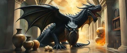 master oil painting by Escher and Giger, glaring vases and black humanoid reflective expressive long clunky obese elder dragon and hidden magic aura golden dragon with beard inside marble hall library, cryptic eggs, sacred geometry, fire fog and steam border, fire elemental creature, twisted dimensional portal for ice elemetals only